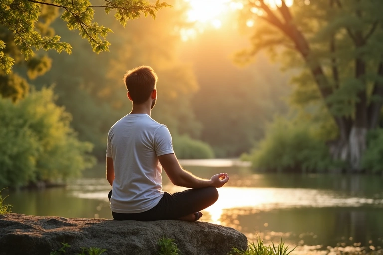 Egy férfi meditál a természetben, a mentális és fizikai jólétet hangsúlyozva.