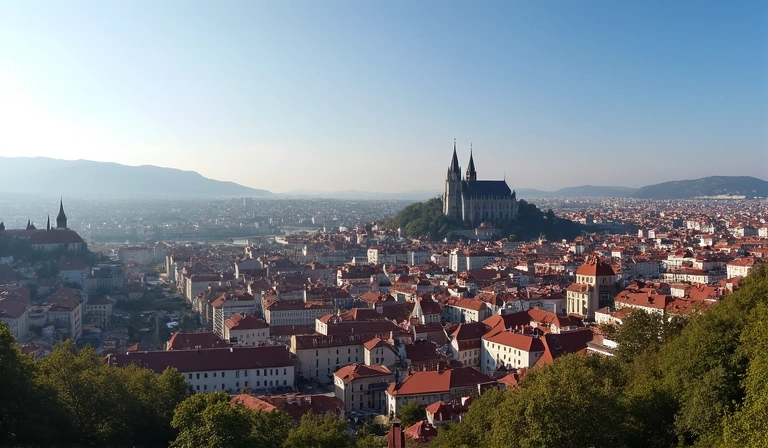 Pécs látképe a székesegyházzal és a városra jellemző épületekkel.